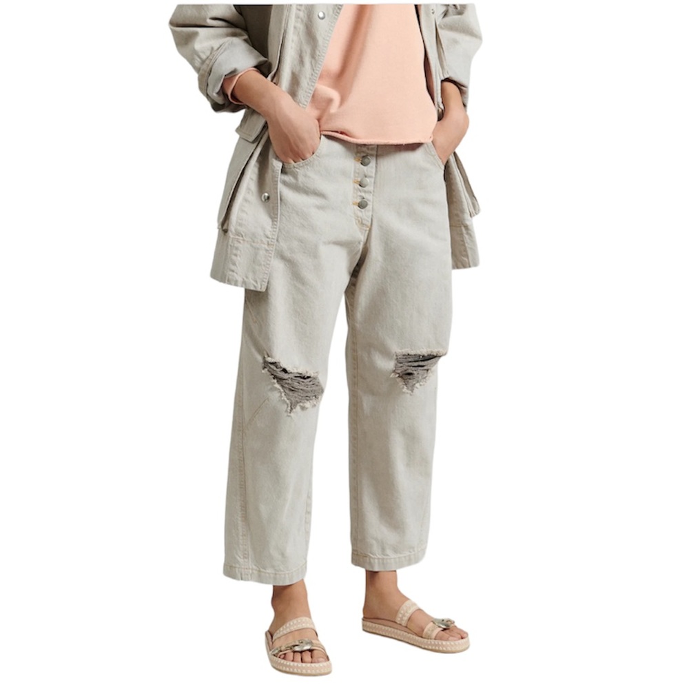 Rachel Comey Wilkes Distressed Button Fly Straight Leg Pants Dirty White, Sz 14